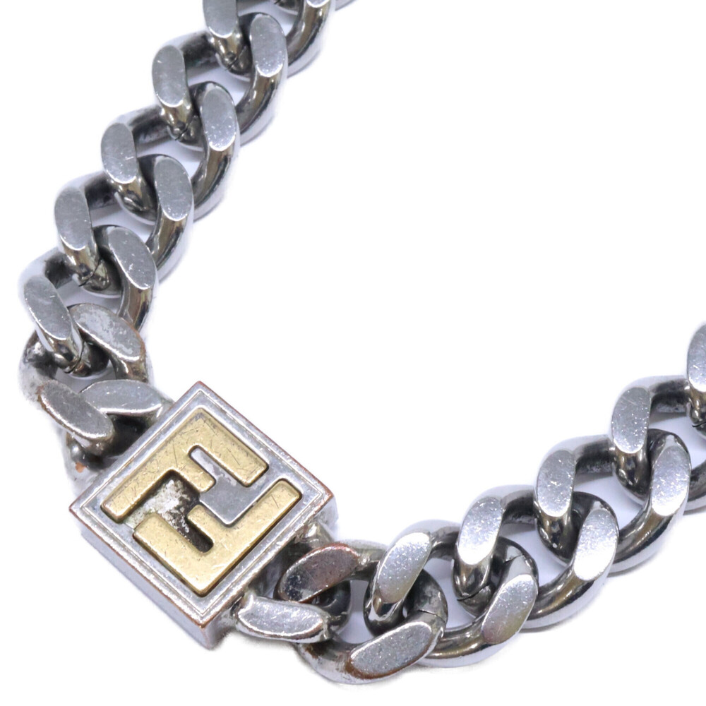 FENDI FF logo curb chain necklace, silver and gold color, for men.